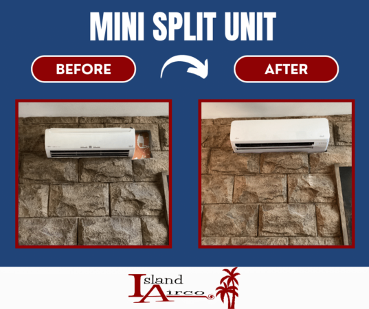 images before and after an old mini split ductless ac unit was replaced with a new system