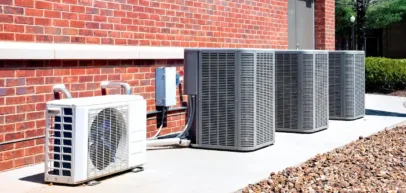 outdoor portions of ductless and central ac units installed outside a new red-brick home